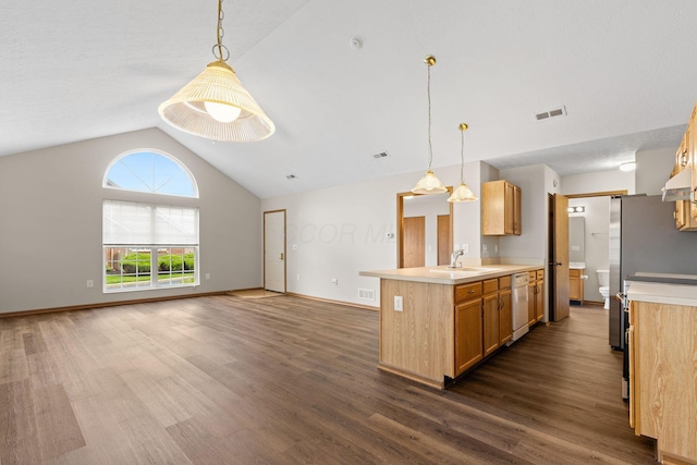 6858 Winrock Dr, New Albany, OH 43054 - kitchen featuring light countertops, vaulted ceiling, dark wood-type flooring, white dishwasher, and open floor plan