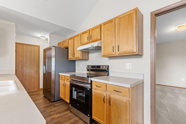 6858 Winrock Dr, New Albany, OH 43054 - kitchen featuring appliances with stainless steel finishes, under cabinet range hood, a textured ceiling, light countertops, and dark wood-type flooring