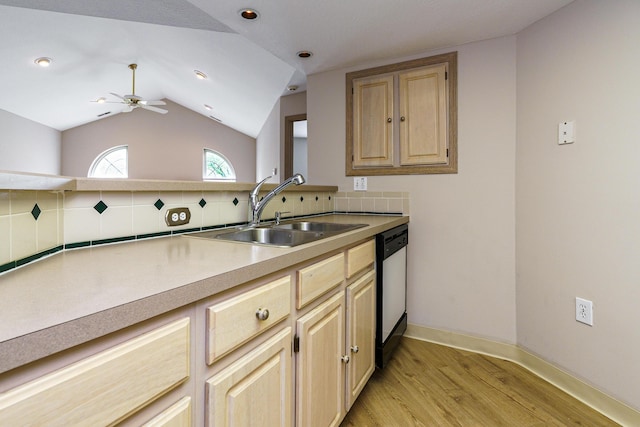 9427 Clermont Cir, Powell, OH 43065 - kitchen featuring light brown cabinets, dishwasher, light wood finished floors, decorative backsplash, and ceiling fan