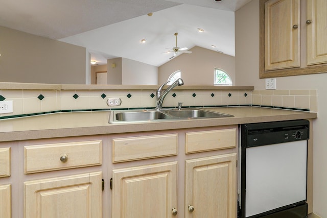 9427 Clermont Cir, Powell, OH 43065 - kitchen with white dishwasher, light brown cabinets, backsplash, light countertops, and a ceiling fan