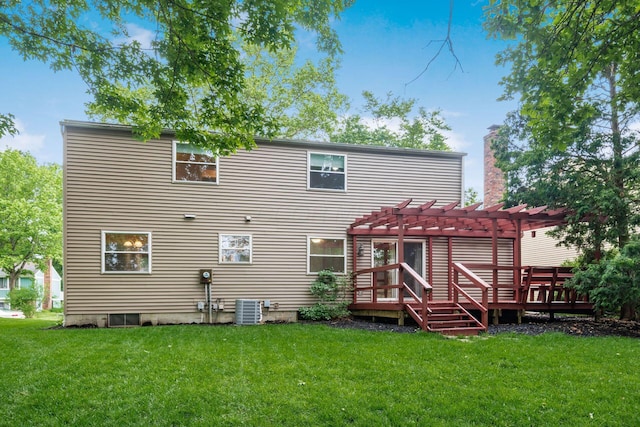 8800 Greenburg Dr, Powell, OH 43065 - back of house featuring a pergola, a deck, a lawn, and cooling unit