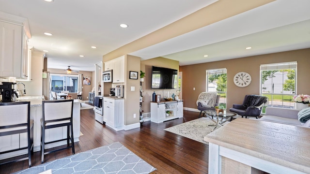 5225 Springdale Blvd, Hilliard, OH 43026 - living room with recessed lighting, dark wood-style floors, and ceiling fan