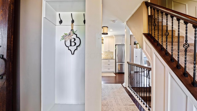 5225 Springdale Blvd, Hilliard, OH 43026 - corridor with dark wood-style flooring, stairs, and recessed lighting