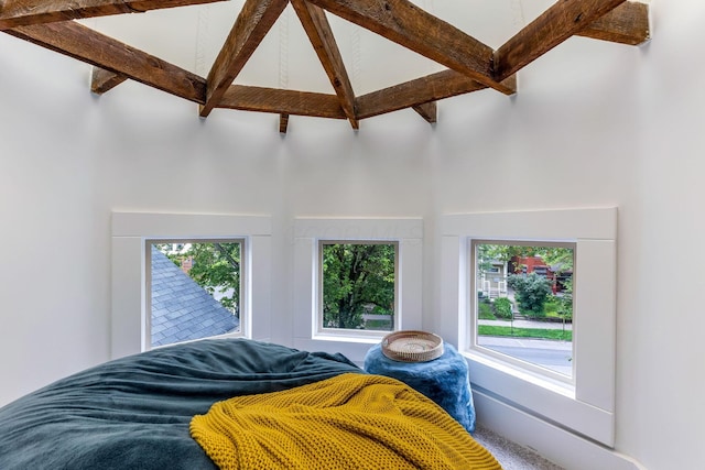 1167 Neil Ave, Columbus, OH 43201 - carpeted bedroom featuring high vaulted ceiling, beamed ceiling, and multiple windows