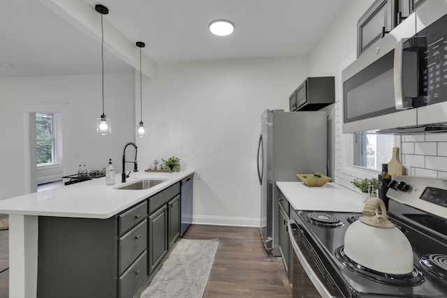 638 E 6th Ave, Lancaster, OH 43130 - kitchen featuring stainless steel appliances, a peninsula, dark wood-style floors, and light countertops