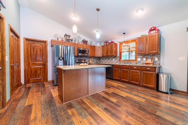 4091 Township Road 21, Marengo, OH 43334 - kitchen featuring stainless steel appliances, dark wood-style flooring, lofted ceiling, and tasteful backsplash