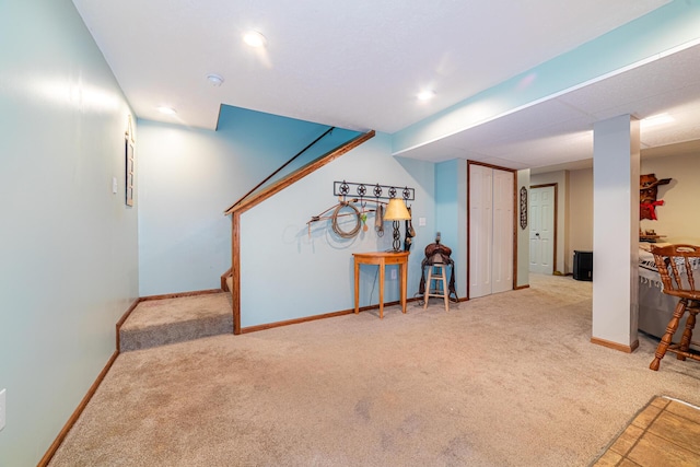 4091 Township Road 21, Marengo, OH 43334 - finished basement featuring carpet flooring, baseboards, recessed lighting, and stairs