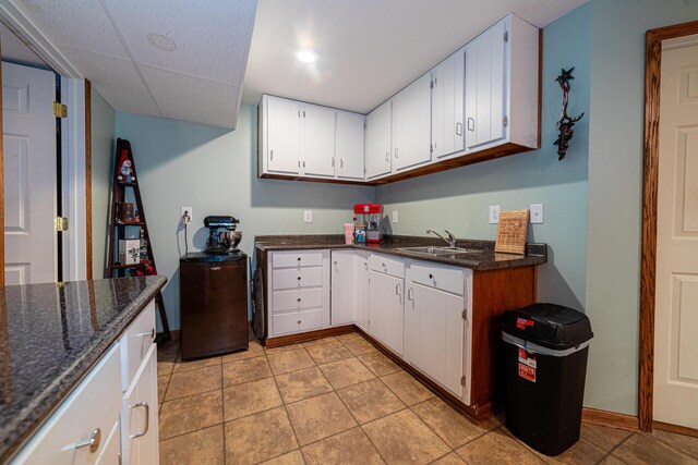 4091 Township Road 21, Marengo, OH 43334 - kitchen featuring a sink, white cabinets, dark stone countertops, light tile patterned floors, and a drop ceiling