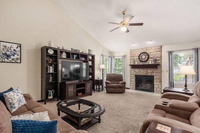 2461 Abbey Knoll Dr, Lewis Center, OH 43035 - living room featuring ceiling fan, light carpet, high vaulted ceiling, healthy amount of natural light, and a fireplace