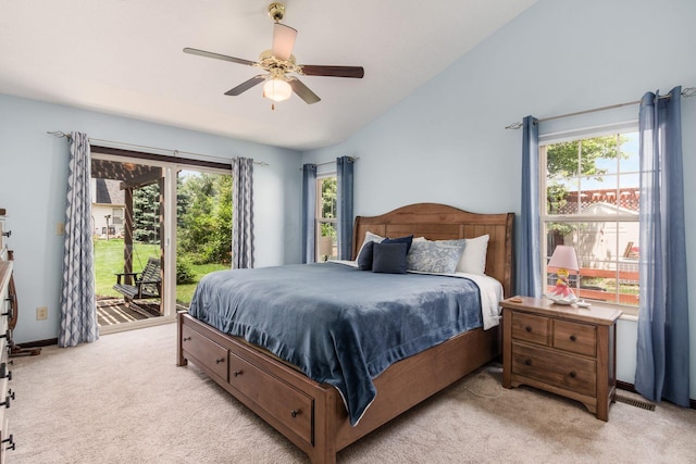 2461 Abbey Knoll Dr, Lewis Center, OH 43035 - bedroom with light carpet, access to outside, multiple windows, ceiling fan, and vaulted ceiling