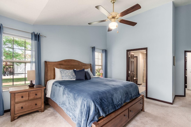2461 Abbey Knoll Dr, Lewis Center, OH 43035 - bedroom with light carpet, high vaulted ceiling, a ceiling fan, and connected bathroom