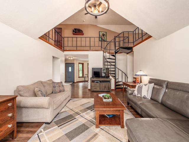 8120 Morgan Rd, West Jefferson, OH 43162 - living room featuring wood finished floors, stairs, and a towering ceiling
