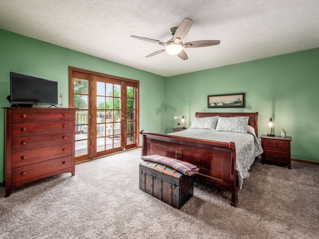 8120 Morgan Rd, West Jefferson, OH 43162 - bedroom with access to exterior, carpet flooring, a textured ceiling, and ceiling fan