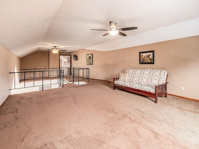 8120 Morgan Rd, West Jefferson, OH 43162 - sitting room with ceiling fan, an upstairs landing, lofted ceiling, and carpet floors