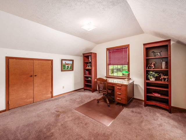 8120 Morgan Rd, West Jefferson, OH 43162 - office area with vaulted ceiling, light carpet, and a textured ceiling