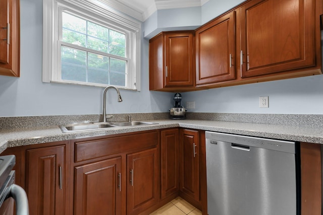 1365 Bluff Ave Unit B, Columbus, OH 43212 - kitchen with dishwasher, brown cabinetry, ornamental molding, range, and light countertops