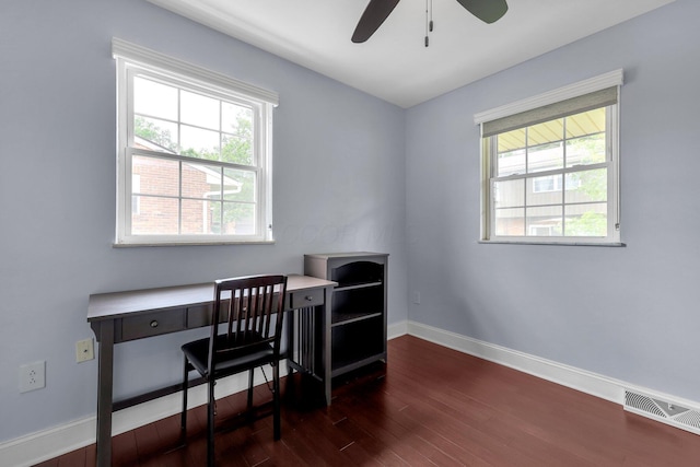 1365 Bluff Ave Unit B, Columbus, OH 43212 - home office with dark wood-style floors, a ceiling fan, and plenty of natural light