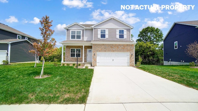 786 Sunny Vale Dr, Delaware, OH 43015 - craftsman inspired home featuring stone siding, concrete driveway, a front yard, and an attached garage