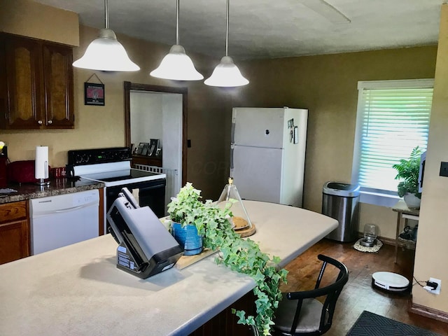 8023 County Road 30, Somerset, OH 43783 - kitchen with white appliances, dark wood-type flooring, and hanging light fixtures