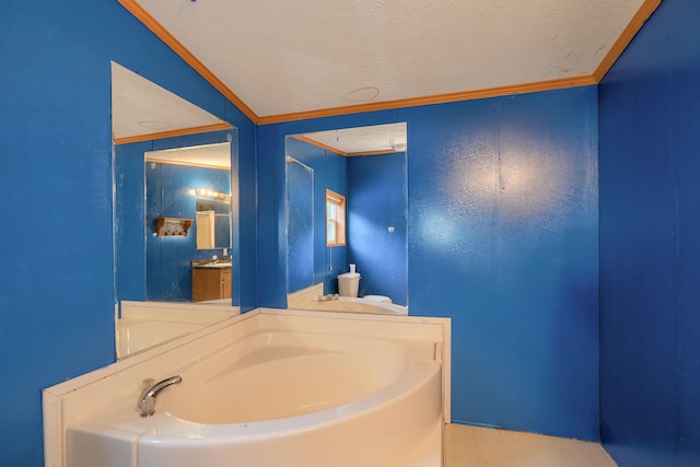 4137 Dry Run Rd, Chillicothe, OH 45601 - full bathroom featuring crown molding, vanity, a textured ceiling, and a garden tub