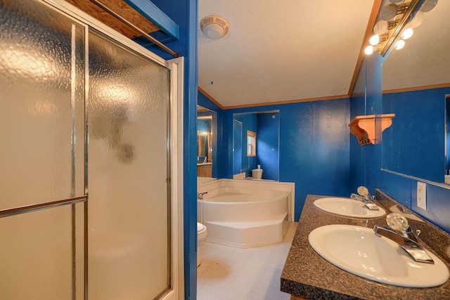 4137 Dry Run Rd, Chillicothe, OH 45601 - bathroom with a stall shower, a bath, lofted ceiling, and double vanity