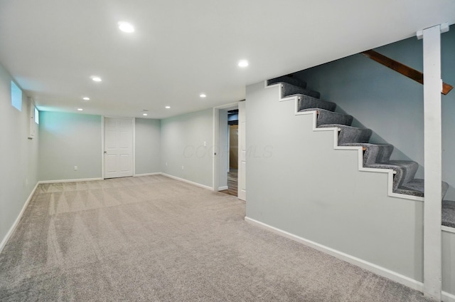 33 W Dominion Blvd, Columbus, OH 43214 - finished below grade area featuring light carpet, stairs, and recessed lighting