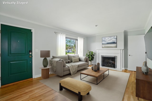 33 W Dominion Blvd, Columbus, OH 43214 - living room with ornamental molding, light wood-style floors, and a fireplace with flush hearth