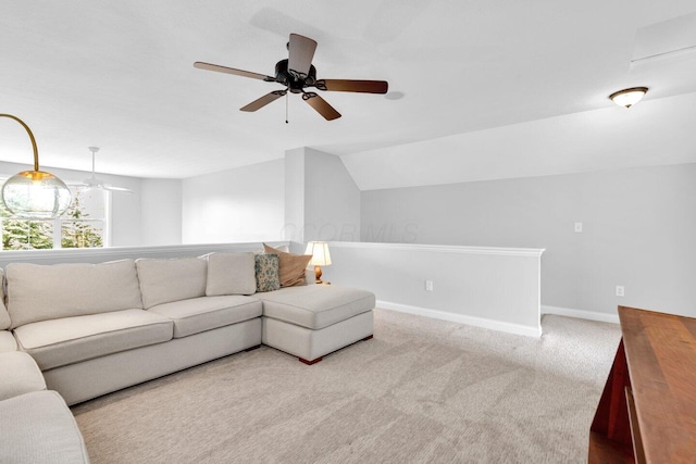 4724 Trademark Trl, Hilliard, OH 43026 - carpeted living area with baseboards, a ceiling fan, and lofted ceiling