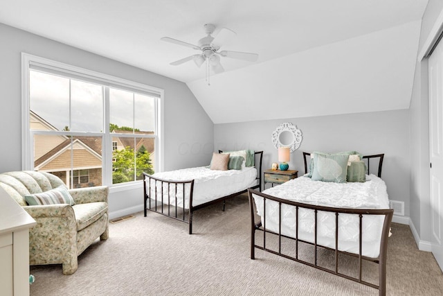 4724 Trademark Trl, Hilliard, OH 43026 - bedroom with light carpet, vaulted ceiling, baseboards, and a ceiling fan