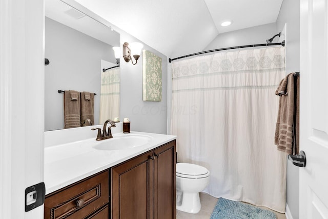 4724 Trademark Trl, Hilliard, OH 43026 - full bathroom with vanity, toilet, vaulted ceiling, tile patterned flooring, and a shower with curtain