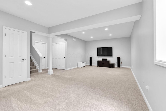 4724 Trademark Trl, Hilliard, OH 43026 - below grade area featuring light colored carpet, recessed lighting, baseboards, and stairs