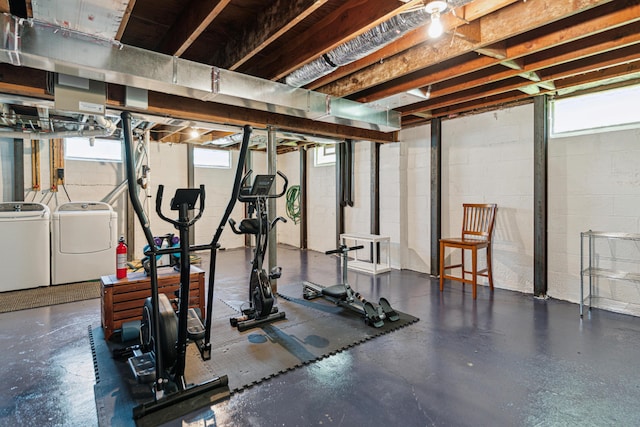 3720 N Waggoner Rd, Blacklick, OH 43004 - workout room with washer and clothes dryer, concrete block wall, and plenty of natural light
