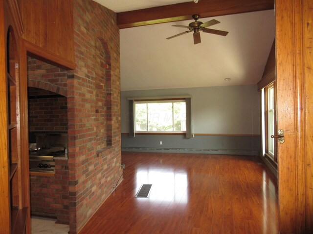 470 Beacon Rd, Newark, OH 43055 - unfurnished living room featuring ceiling fan, wood finished floors, beamed ceiling, wainscoting, and high vaulted ceiling