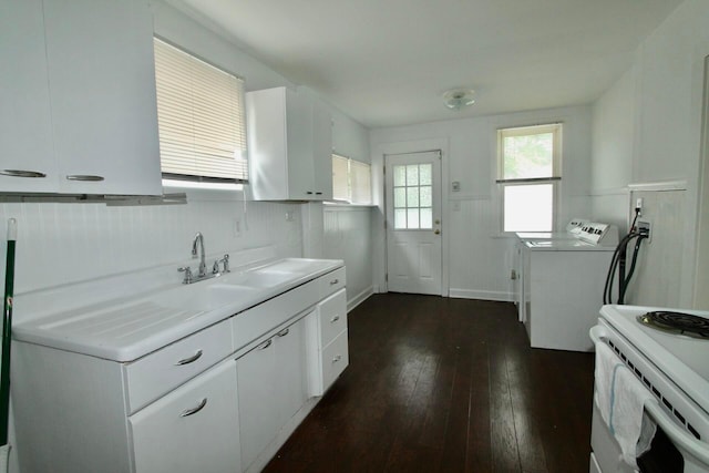 552 Southwood Ave, Columbus, OH 43207 - kitchen with white cabinetry, dark wood-style floors, light countertops, and white electric range