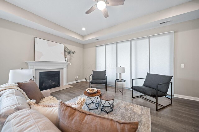 5508 Camlin Pl W Unit 48, Westerville, OH 43081 - living area with ceiling fan, dark wood-type flooring, a fireplace with flush hearth, and recessed lighting