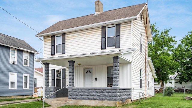 64 W Harrison St, Newark, OH 43055 - view of front of home featuring covered porch, a chimney, a shingled roof, and cooling unit