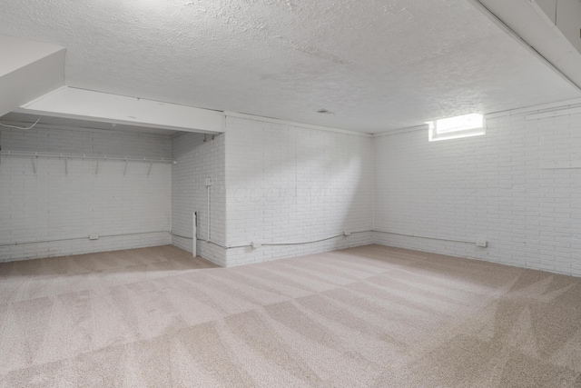 2220 Surreygate Dr, Columbus, OH 43235 - below grade area with brick wall, carpet floors, and a textured ceiling