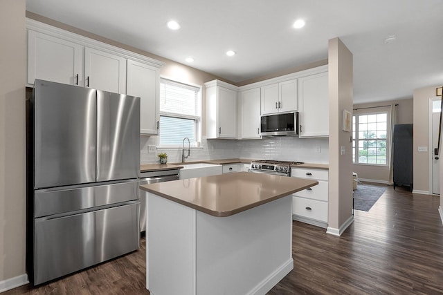 202 Rosewood Loop SW, Commercial Point, OH 43116 - kitchen with stainless steel appliances, a sink, white cabinetry, decorative backsplash, and dark wood-type flooring