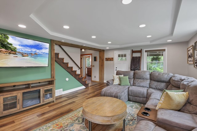 1859 State Route 257 N, Ostrander, OH 43061 - living area with a raised ceiling, wood finished floors, stairs, and recessed lighting