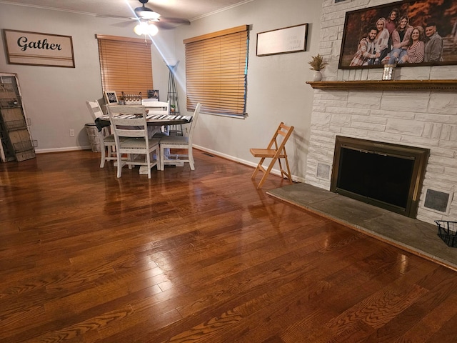 45 Shady Ln Unit 552On, Waverly, OH 45690 - dining room with a fireplace, a ceiling fan, wood finished floors, and ornamental molding