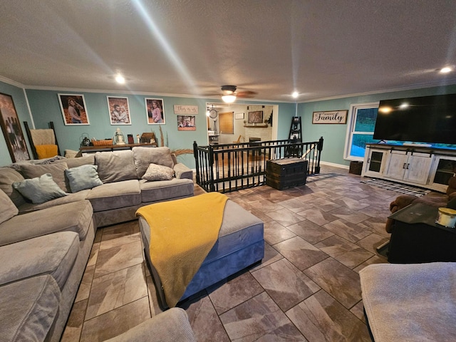 45 Shady Ln Unit 552On, Waverly, OH 45690 - living room featuring ornamental molding, ceiling fan, recessed lighting, and a textured ceiling