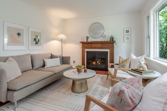 98 N Chesterfield Rd, Columbus, OH 43209 - living room with healthy amount of natural light, crown molding, and a fireplace with flush hearth