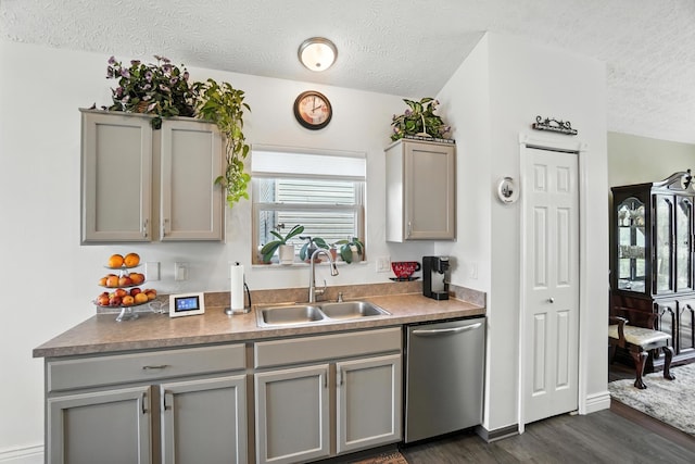906 Linkfield Dr, Columbus, OH 43085 - kitchen featuring dishwasher, gray cabinets, a textured ceiling, and dark wood-type flooring