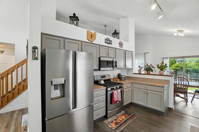 906 Linkfield Dr, Columbus, OH 43085 - kitchen featuring stainless steel appliances, gray cabinets, a peninsula, a textured ceiling, and high vaulted ceiling