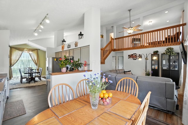 906 Linkfield Dr, Columbus, OH 43085 - dining space with dark wood-style flooring, ceiling fan, recessed lighting, stairway, and high vaulted ceiling
