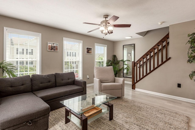 5588 Bow Falls Blvd Unit 35-558, Dublin, OH 43016 - living room with ceiling fan, stairway, and light wood-type flooring