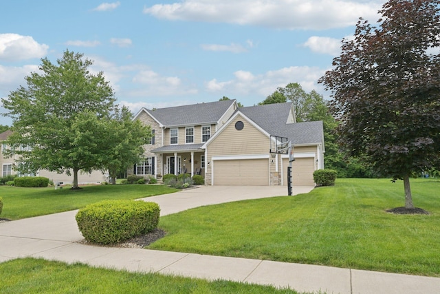 13946 Bainwick Dr NW, Pickerington, OH 43147 - colonial home featuring stone siding, an attached garage, a front lawn, and concrete driveway