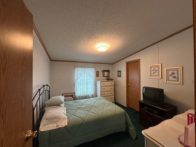 10830 Voris Rd, Logan, OH 43138 - bedroom featuring crown molding, a textured ceiling, lofted ceiling, and carpet flooring