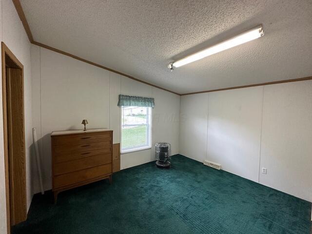 10830 Voris Rd, Logan, OH 43138 - spare room with vaulted ceiling, a textured ceiling, ornamental molding, and dark carpet
