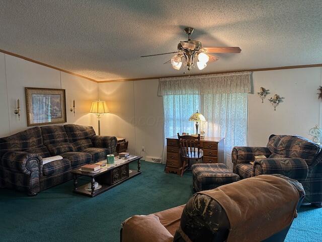 10830 Voris Rd, Logan, OH 43138 - living area with crown molding, carpet floors, ceiling fan, and a textured ceiling